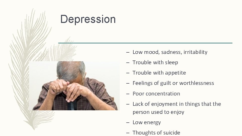 Depression – Low mood, sadness, irritability – Trouble with sleep – Trouble with appetite