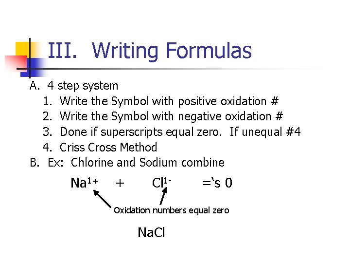 III. Writing Formulas A. 4 step system 1. Write the Symbol with positive oxidation