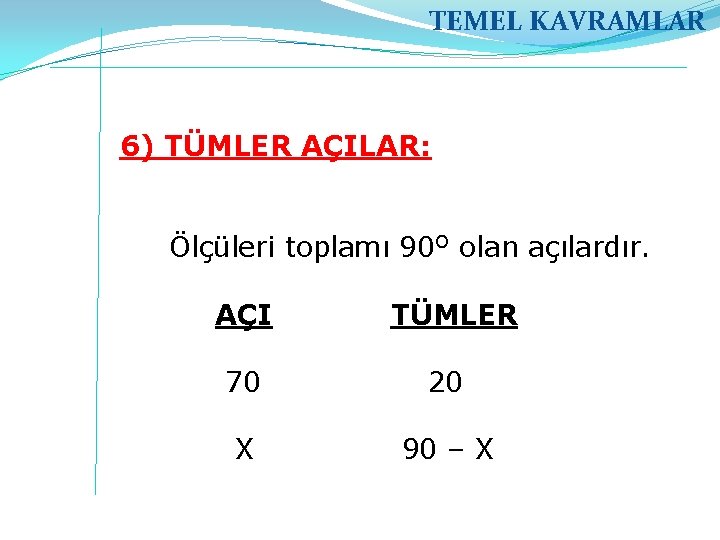 TEMEL KAVRAMLAR 6) TÜMLER AÇILAR: Ölçüleri toplamı 90 O olan açılardır. AÇI TÜMLER 70