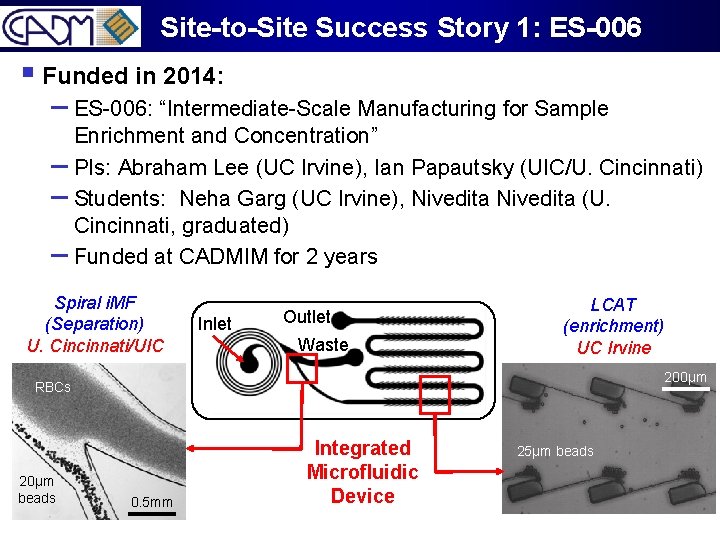 Site-to-Site Success Story 1: ES-006 § Funded in 2014: – ES-006: “Intermediate-Scale Manufacturing for