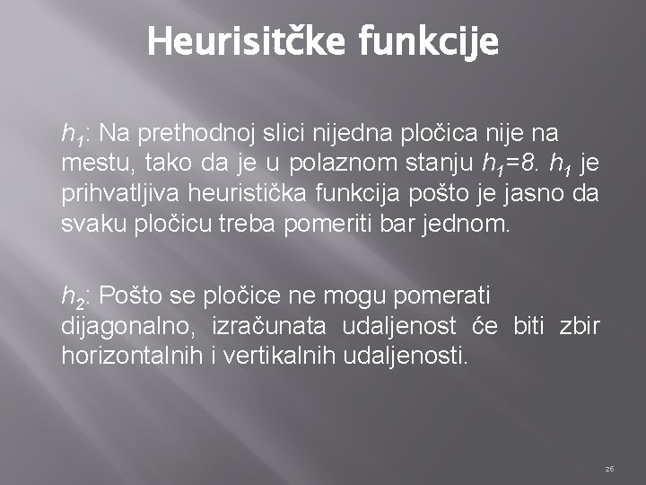 Heurisitčke funkcije h 1: Na prethodnoj slici nijedna pločica nije na mestu, tako da