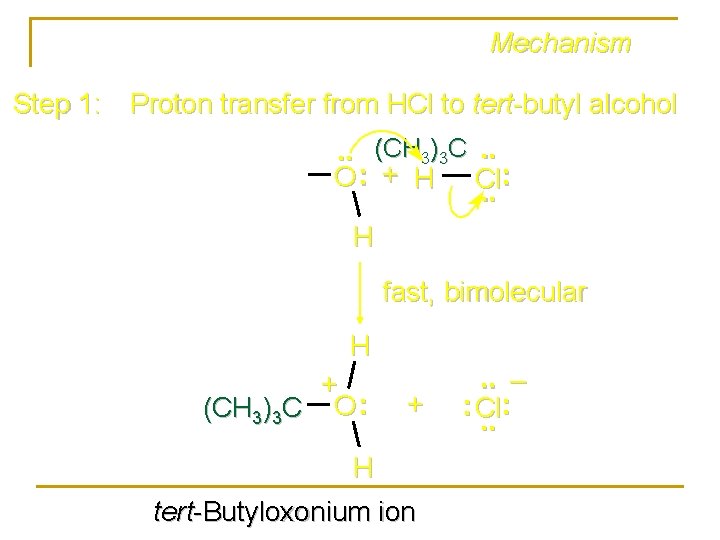 Mechanism Step 1: Proton transfer from HCl to tert-butyl alcohol. . (CH 3)3 C.