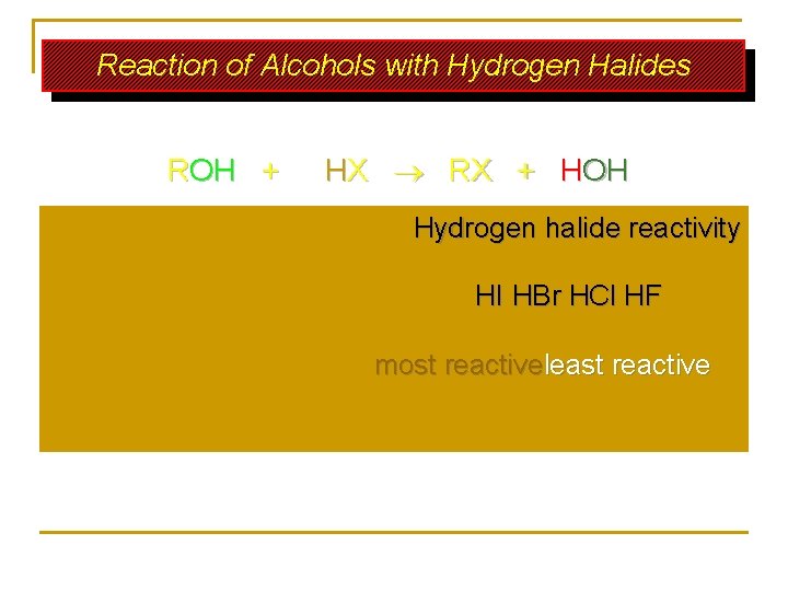 Reaction of Alcohols with Hydrogen Halides ROH + HX RX + HOH Hydrogen halide