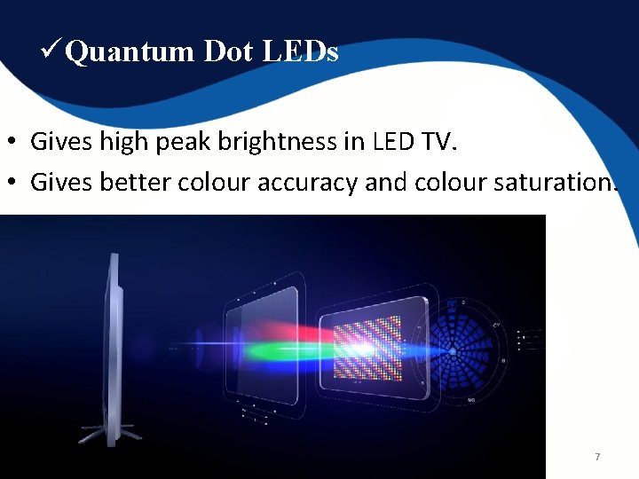 üQuantum Dot LEDs • Gives high peak brightness in LED TV. • Gives better