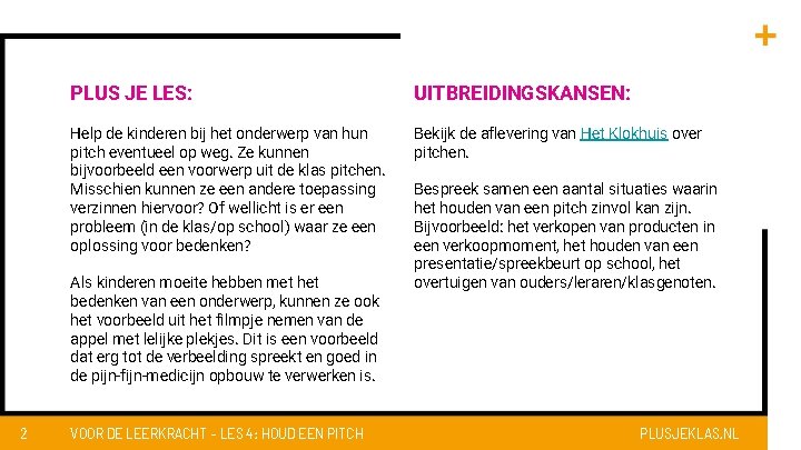 PLUS JE LES: UITBREIDINGSKANSEN: Help de kinderen bij het onderwerp van hun pitch eventueel