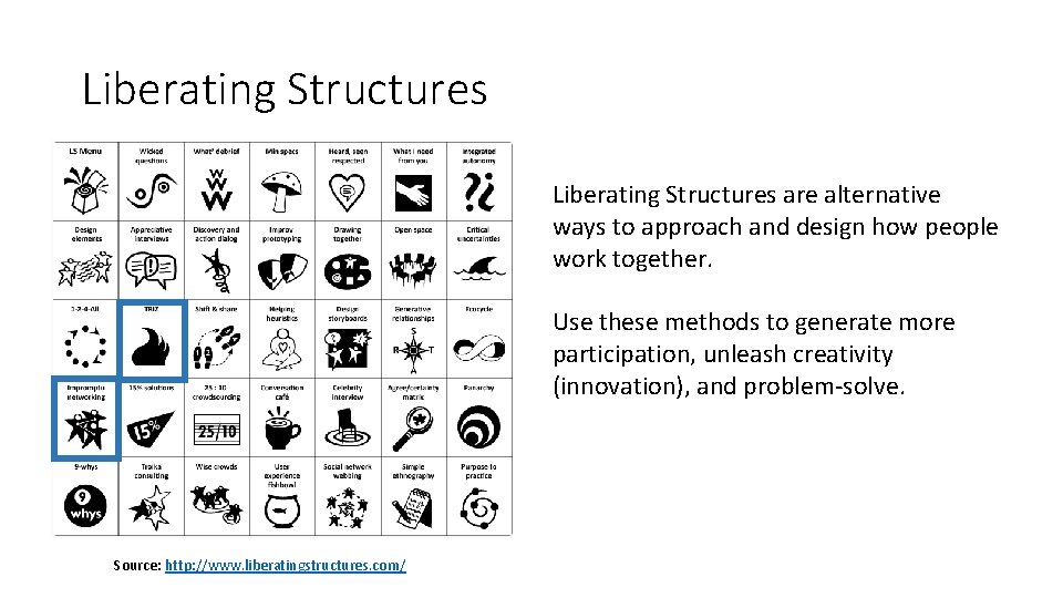 Liberating Structures are alternative ways to approach and design how people work together. Use