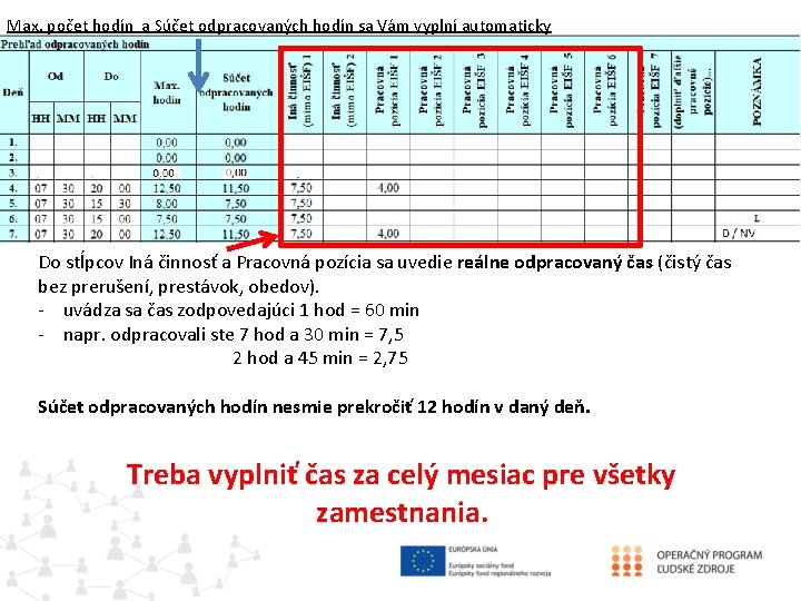 Max. počet hodín a Súčet odpracovaných hodín sa Vám vyplní automaticky D / NV.