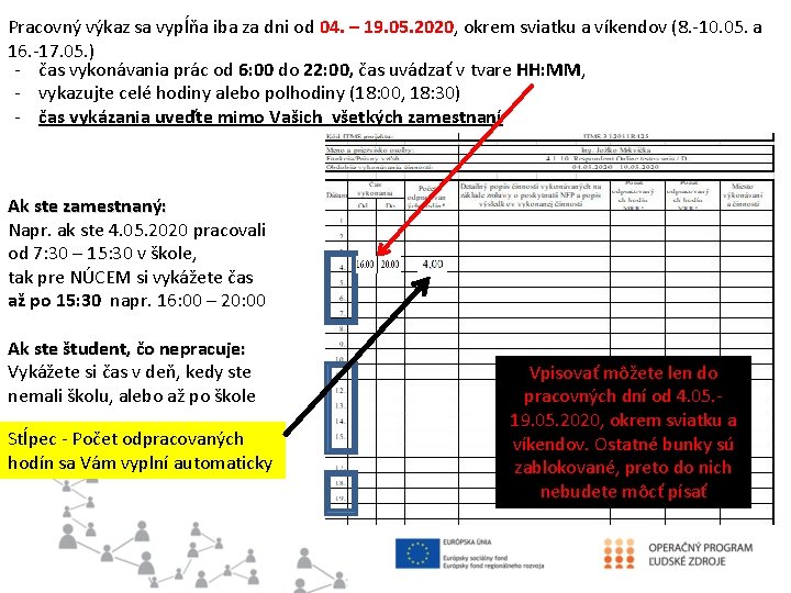 Pracovný výkaz sa vypĺňa iba za dni od 04. – 19. 05. 2020, okrem