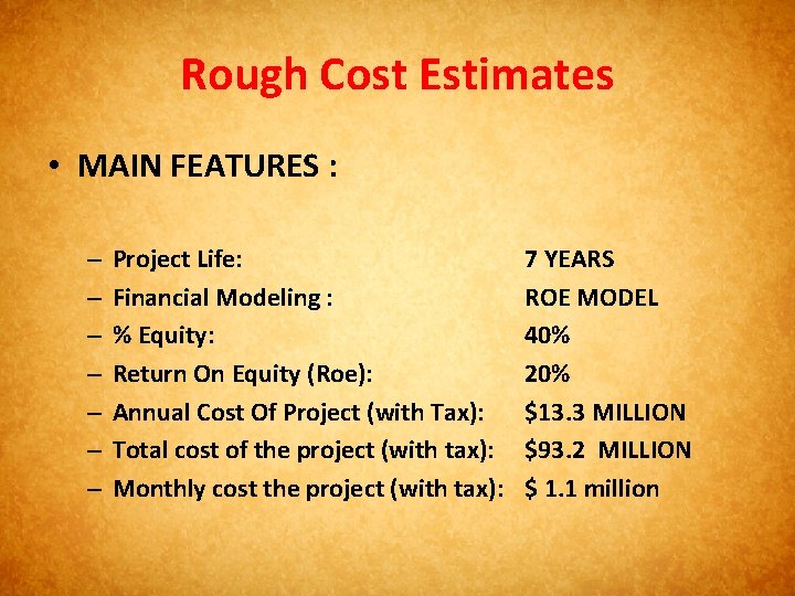 Rough Cost Estimates • MAIN FEATURES : – – – – Project Life: Financial