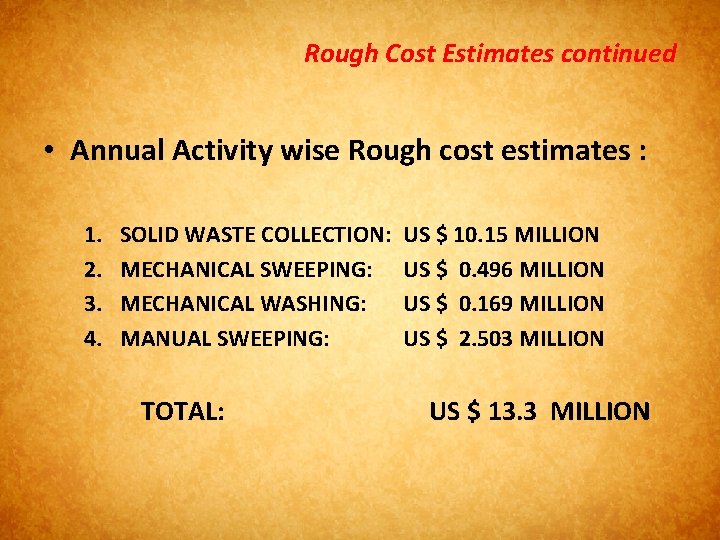 Rough Cost Estimates continued • Annual Activity wise Rough cost estimates : 1. 2.