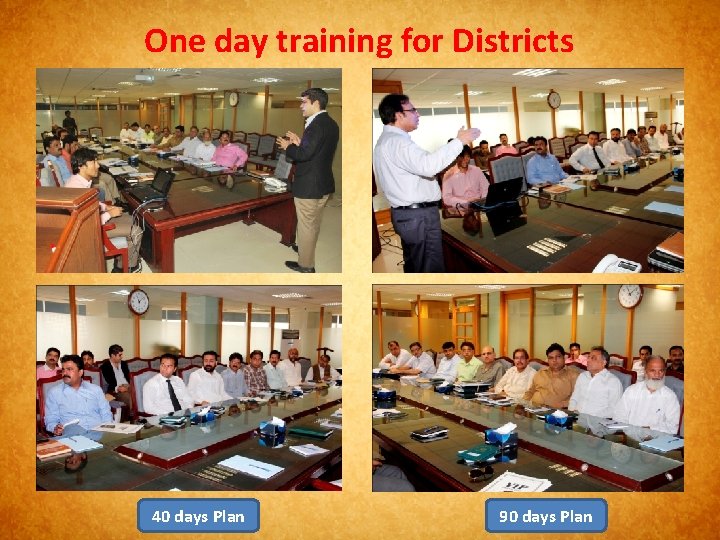 One day training for Districts 40 days Plan 90 days Plan 