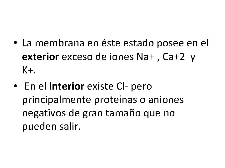  • La membrana en éste estado posee en el exterior exceso de iones