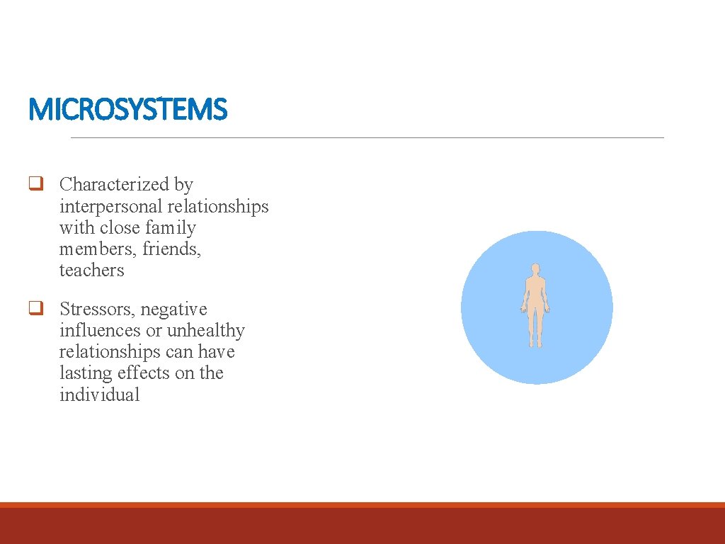 MICROSYSTEMS q Characterized by interpersonal relationships with close family members, friends, teachers q Stressors,