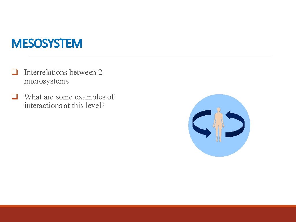 MESOSYSTEM q Interrelations between 2 microsystems q What are some examples of interactions at