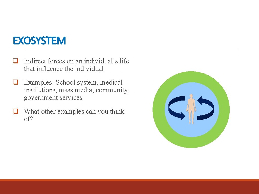 EXOSYSTEM q Indirect forces on an individual’s life that influence the individual q Examples: