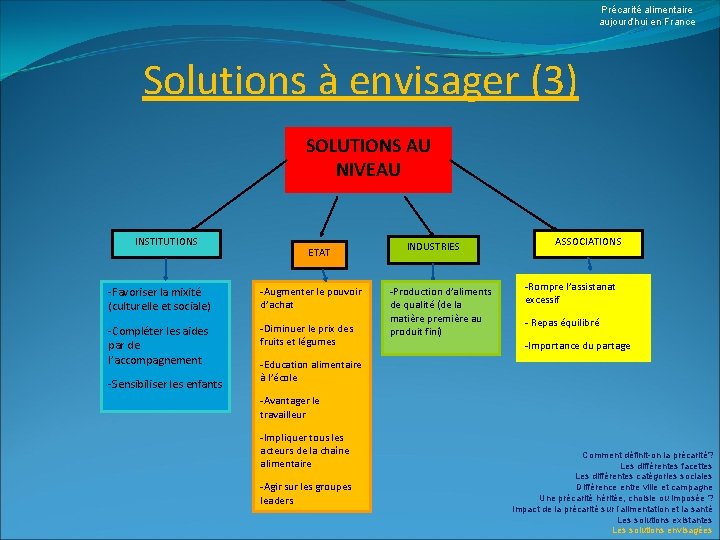 Précarité alimentaire aujourd’hui en France Solutions à envisager (3) SOLUTIONS AU NIVEAU INSTITUTIONS ETAT