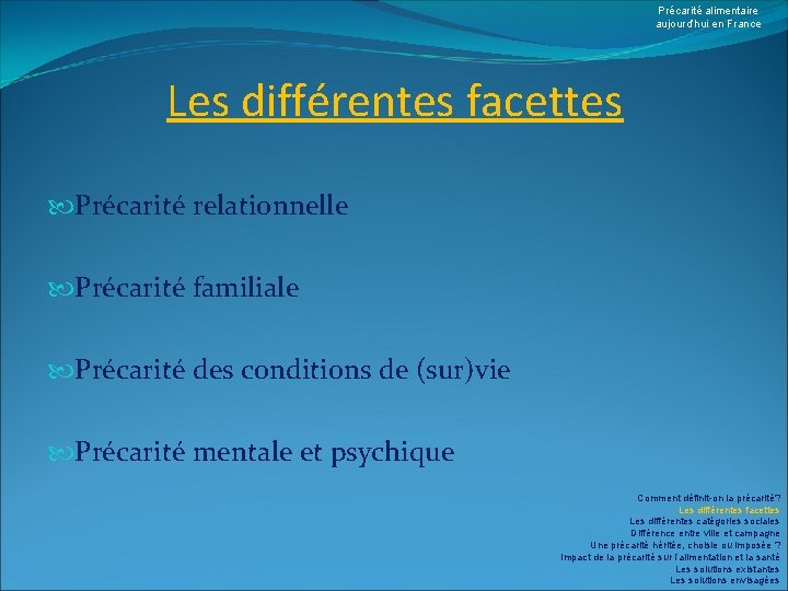 Précarité alimentaire aujourd’hui en France Les différentes facettes Précarité relationnelle Précarité familiale Précarité des