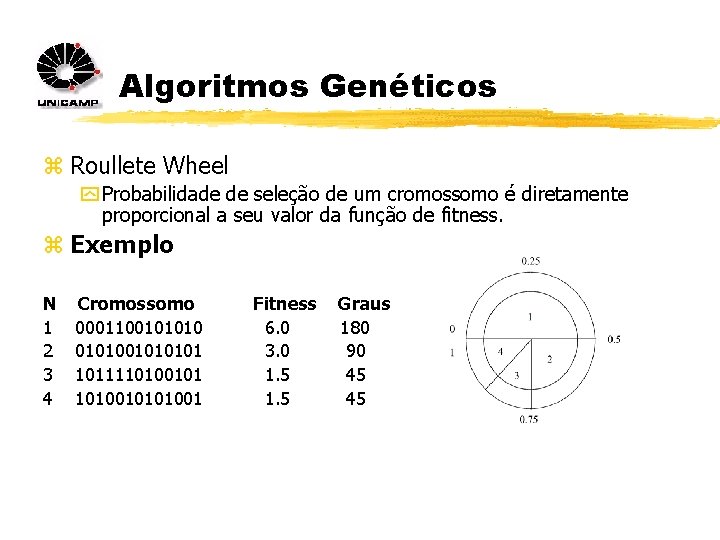 Algoritmos Genéticos z Roullete Wheel y Probabilidade de seleção de um cromossomo é diretamente