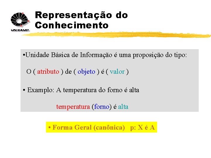 Representação do Conhecimento • Unidade Básica de Informação é uma proposição do tipo: O