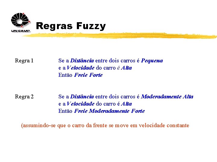 Regras Fuzzy Regra 1 Se a Distância entre dois carros é Pequena e a