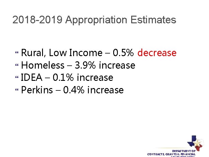 2018 -2019 Appropriation Estimates Rural, Low Income – 0. 5% decrease Homeless – 3.