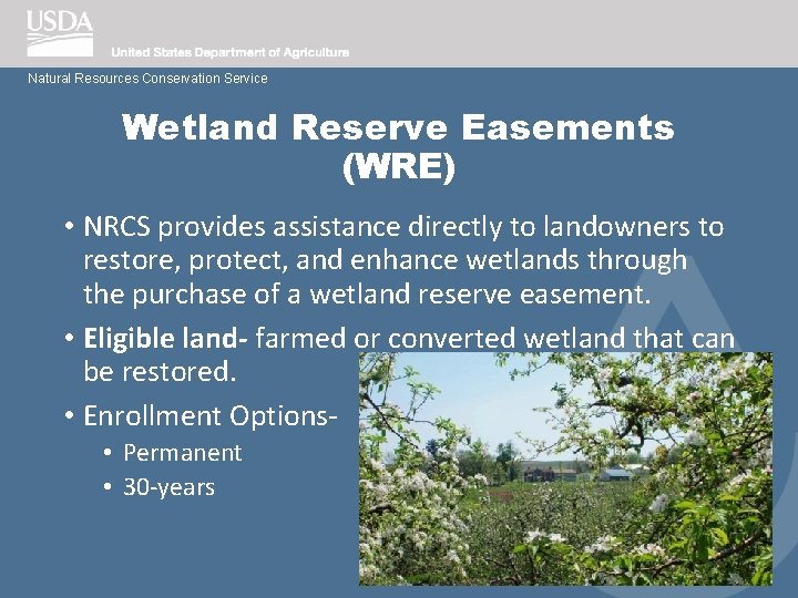 Natural Resources Conservation Service Wetland Reserve Easements (WRE) • NRCS provides assistance directly to