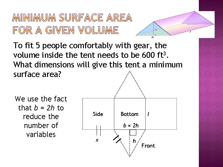 To fit 5 people comfortably with gear, the volume inside the tent needs to