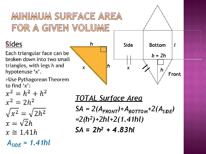 � h Side Bottom l b = 2 h x h Front TOTAL Surface