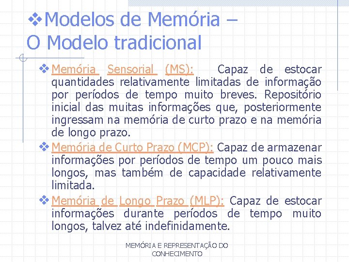 v. Modelos de Memória – O Modelo tradicional v Memória Sensorial (MS): Capaz de