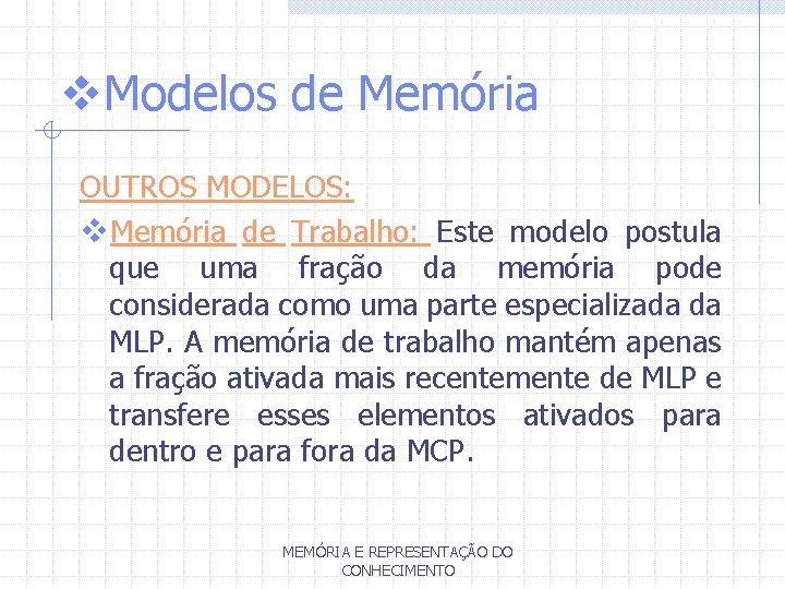 v. Modelos de Memória OUTROS MODELOS: v. Memória de Trabalho: Este modelo postula que