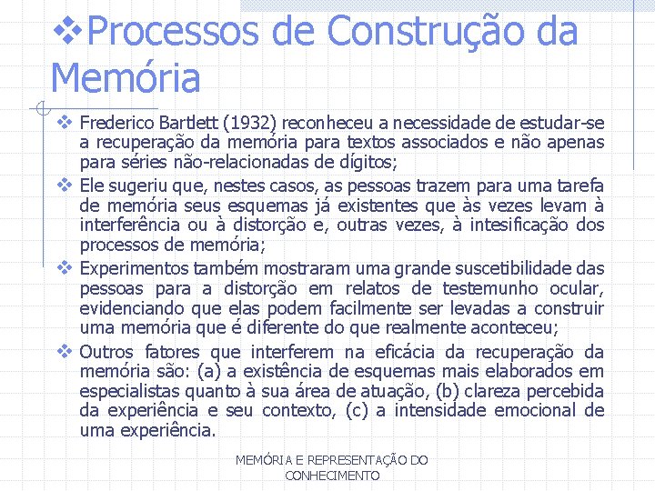 v. Processos de Construção da Memória v Frederico Bartlett (1932) reconheceu a necessidade de