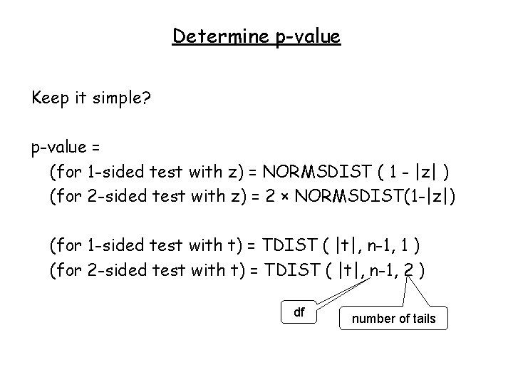 Determine p-value Keep it simple? p-value = (for 1 -sided test with z) =