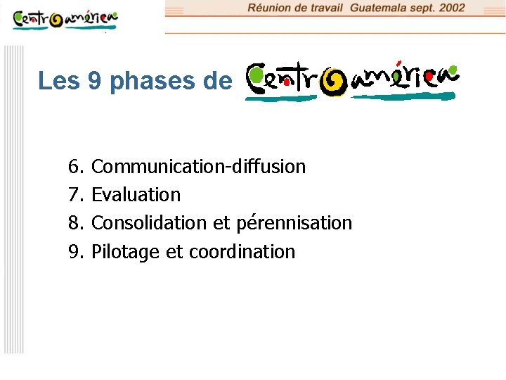 Les 9 phases de 6. Communication-diffusion 7. Evaluation 8. Consolidation et pérennisation 9. Pilotage