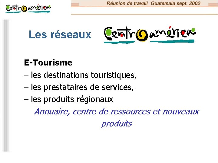 Les réseaux E-Tourisme – les destinations touristiques, – les prestataires de services, – les