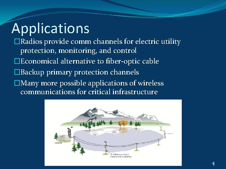 Applications �Radios provide comm channels for electric utility protection, monitoring, and control �Economical alternative Applications �Radios provide comm channels for electric utility protection, monitoring, and control �Economical alternative