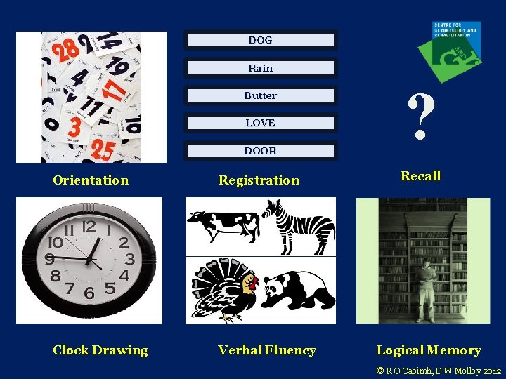 DOG Rain DOOR ? Orientation Registration Recall Clock Drawing Verbal Fluency Butter LOVE Logical