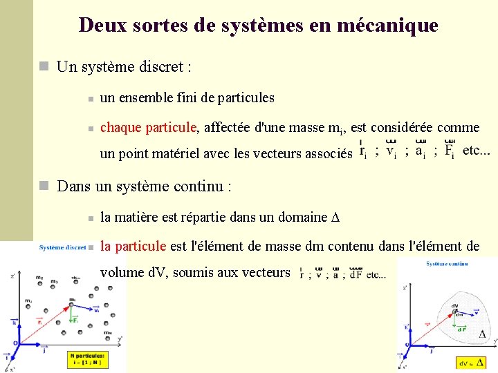 Deux sortes de systèmes en mécanique n Un système discret : n un ensemble