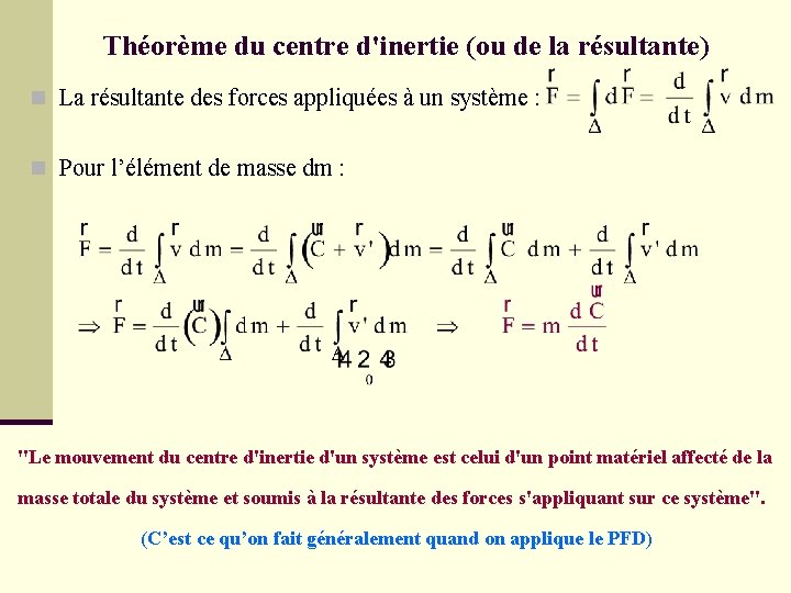 Théorème du centre d'inertie (ou de la résultante) n La résultante des forces appliquées
