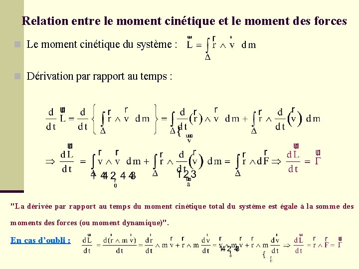 Relation entre le moment cinétique et le moment des forces n Le moment cinétique