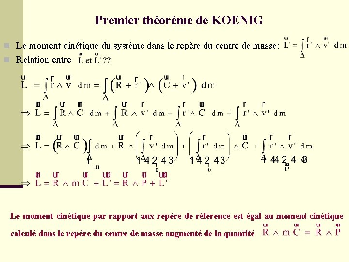 Premier théorème de KOENIG n Le moment cinétique du système dans le repère du