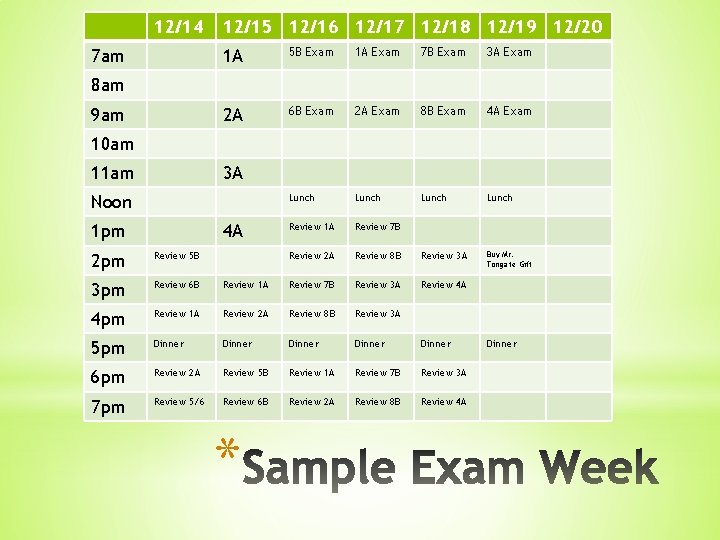 12/14 7 am 12/15 12/16 12/17 12/18 12/19 12/20 1 A 5 B Exam