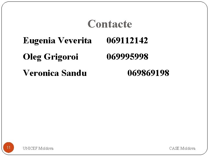 Contacte Eugenia Veverita 069112142 Oleg Grigoroi 069995998 Veronica Sandu 11 UNICEF Moldova 069869198 CASE