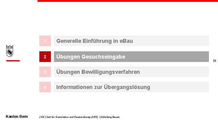 Kanton Bern 1 Generelle Einführung in e. Bau 2 Übungen Gesuchseingabe 3 Übungen Bewilligungsverfahren