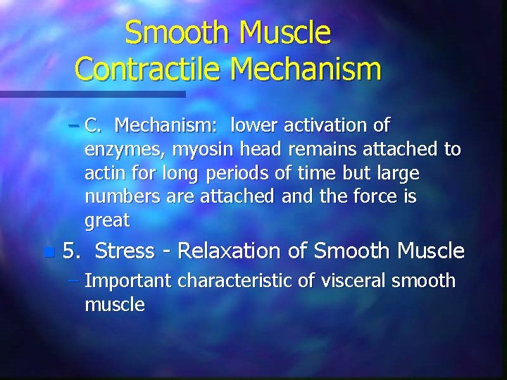 Smooth Muscle Contractile Mechanism – C. Mechanism: lower activation of enzymes, myosin head remains Smooth Muscle Contractile Mechanism – C. Mechanism: lower activation of enzymes, myosin head remains