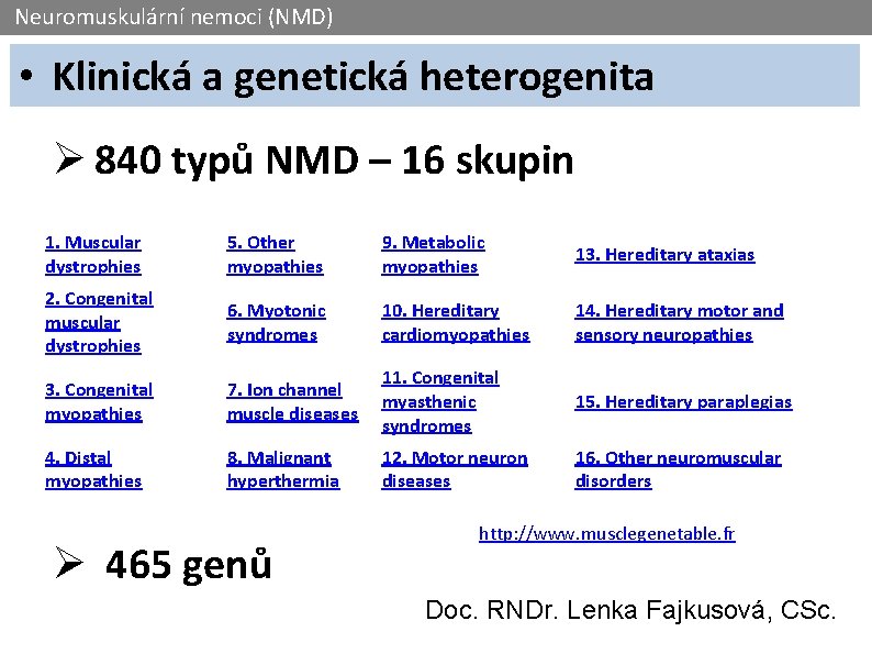 Neuromuskulární nemoci (NMD) • Klinická a genetická heterogenita Ø 840 typů NMD – 16