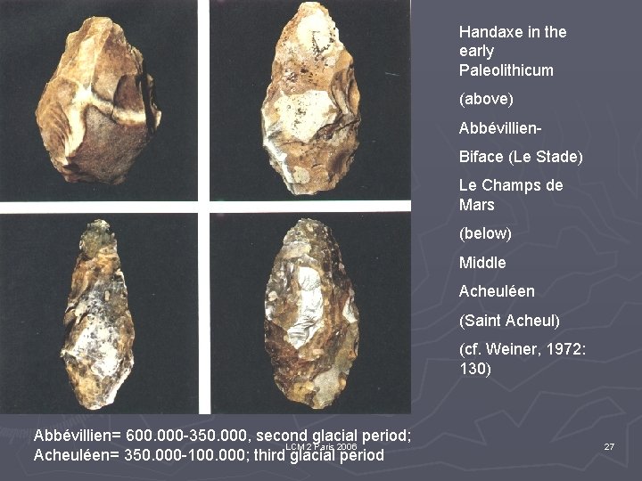 Handaxe in the early Paleolithicum (above) Abbévillien. Biface (Le Stade) Le Champs de Mars