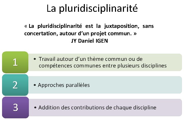 La pluridisciplinarité « La pluridisciplinarité est la juxtaposition, sans concertation, autour d’un projet commun.