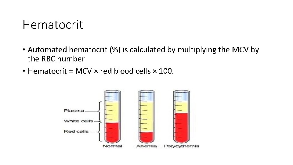 Hematocrit • Automated hematocrit (%) is calculated by multiplying the MCV by the RBC