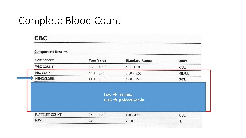 Complete Blood Count Low anemia High polycythemia 