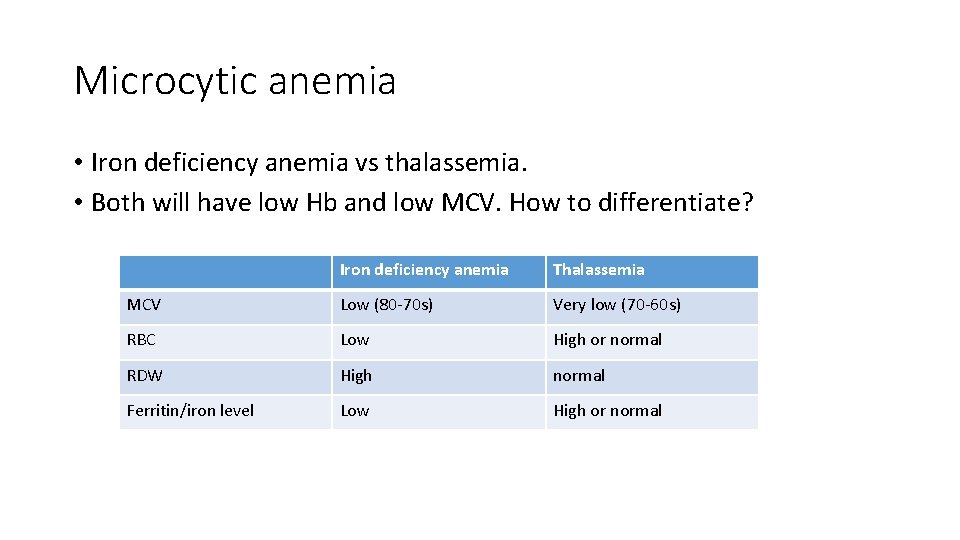 Microcytic anemia • Iron deficiency anemia vs thalassemia. • Both will have low Hb